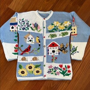 Vintage Design Options Birds, Birdhouses and Flowers Cardigan Sweater